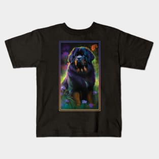 Tibetan Mastiff Dog Vibrant Tropical Flower Tall Digital Oil Painting Portrait 2 Kids T-Shirt